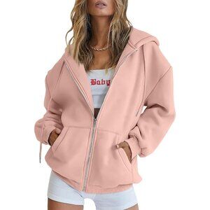 Women's Casual Pink Zip Up Pocket Fleece Sweatshirts Hoodies Jacket Oversized